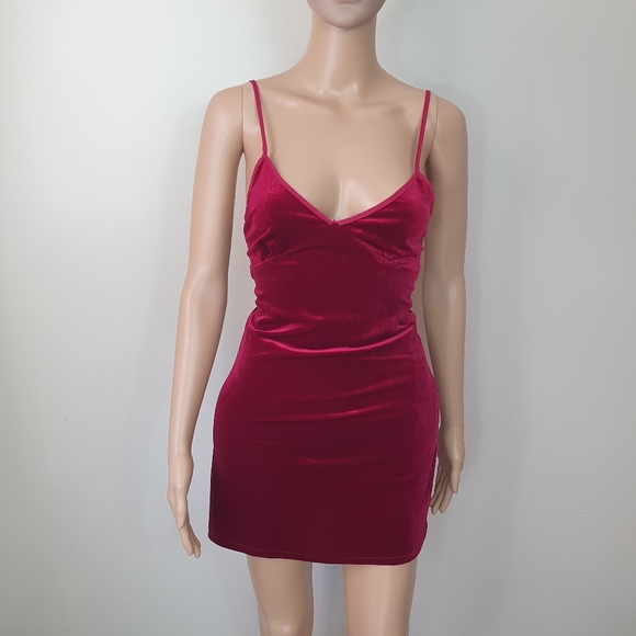 Velvet cami slip dress Sze M burgundy red Casual summer Vintage v-neck pinafore - Picture 6 of 7